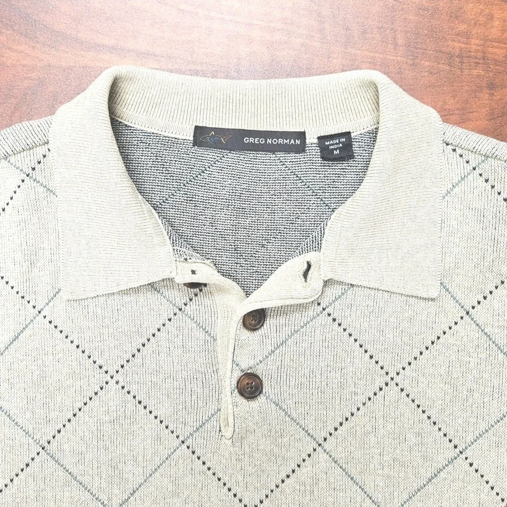 Greg‎ Norman Argyle Cotton Sweater Polo Mens M Beige Golf Old Money Preppy